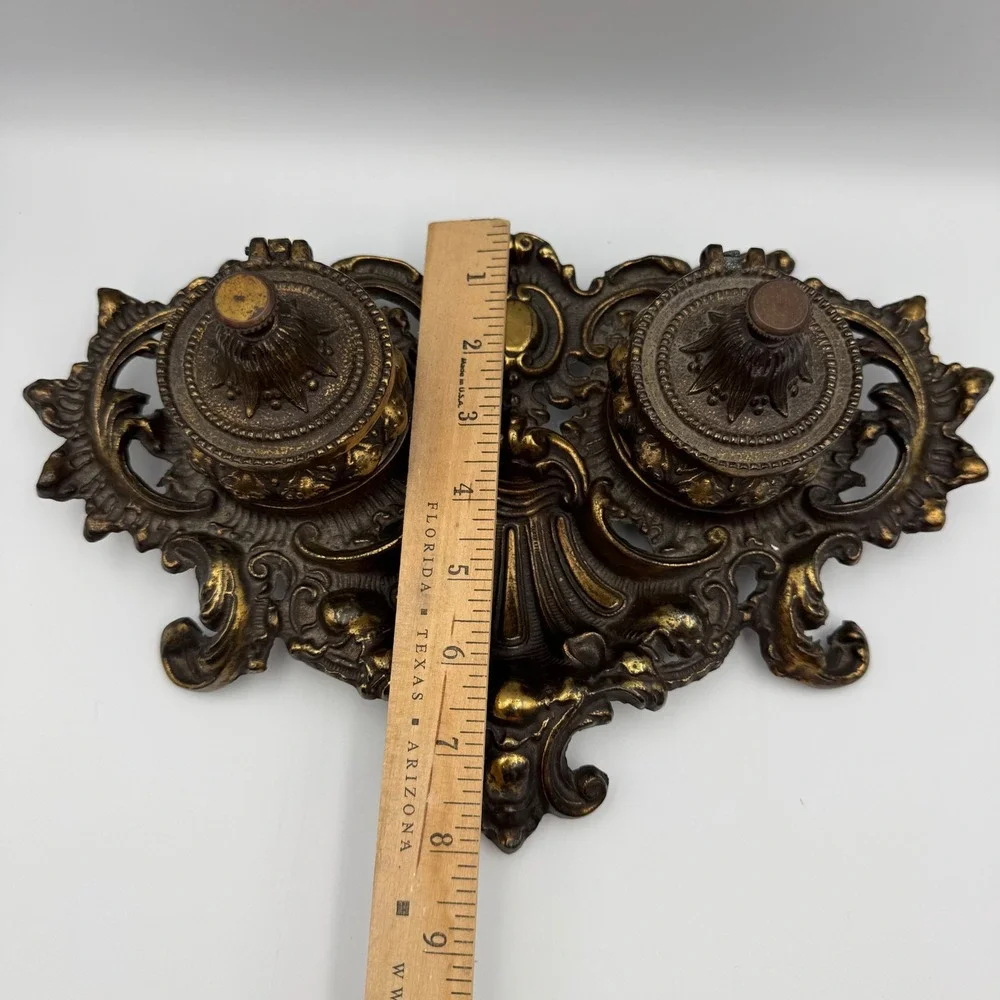 Antique Ornate Victorian Brass Double Inkwell Desk Set BW 125 1930s Broken Hinge